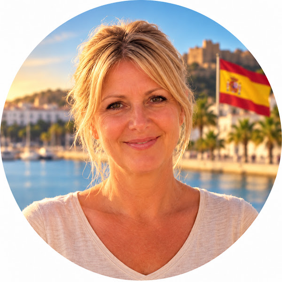 Clara, the course's teacher, smiling in front of a Spanish harbour